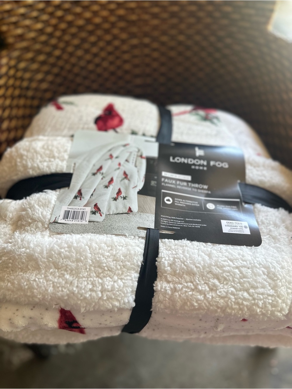 London Fog White Faux Fur Throw Blanket with Red Cardinal Motif